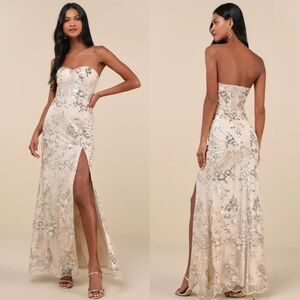 Lulus Confident Sensation Gold Sequin Strapless Bustier Maxi Dress L Wedding NWT